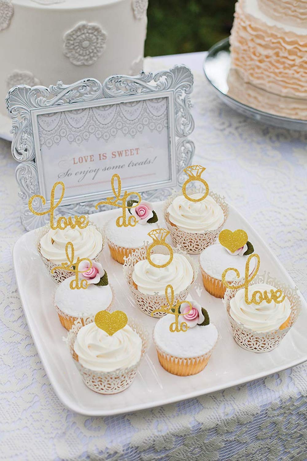 Festiko 20 Pieces Glitter Wedding Cupcake Toppers Diamond Ring Cupcake Toppers I Do Cupcake Topper for Wedding Engagement Bridal
